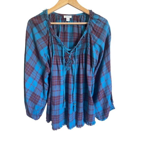 Sundance Size Large Plaid Raw Hem Tie Neck Peasant Top Blue 100% Cotton - Picture 1 of 7
